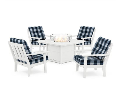 POLYWOOD® Oxford 5-Piece Deep Seating Set with Fire Pit Table in White / Buffalo Plaid Marine Indigo