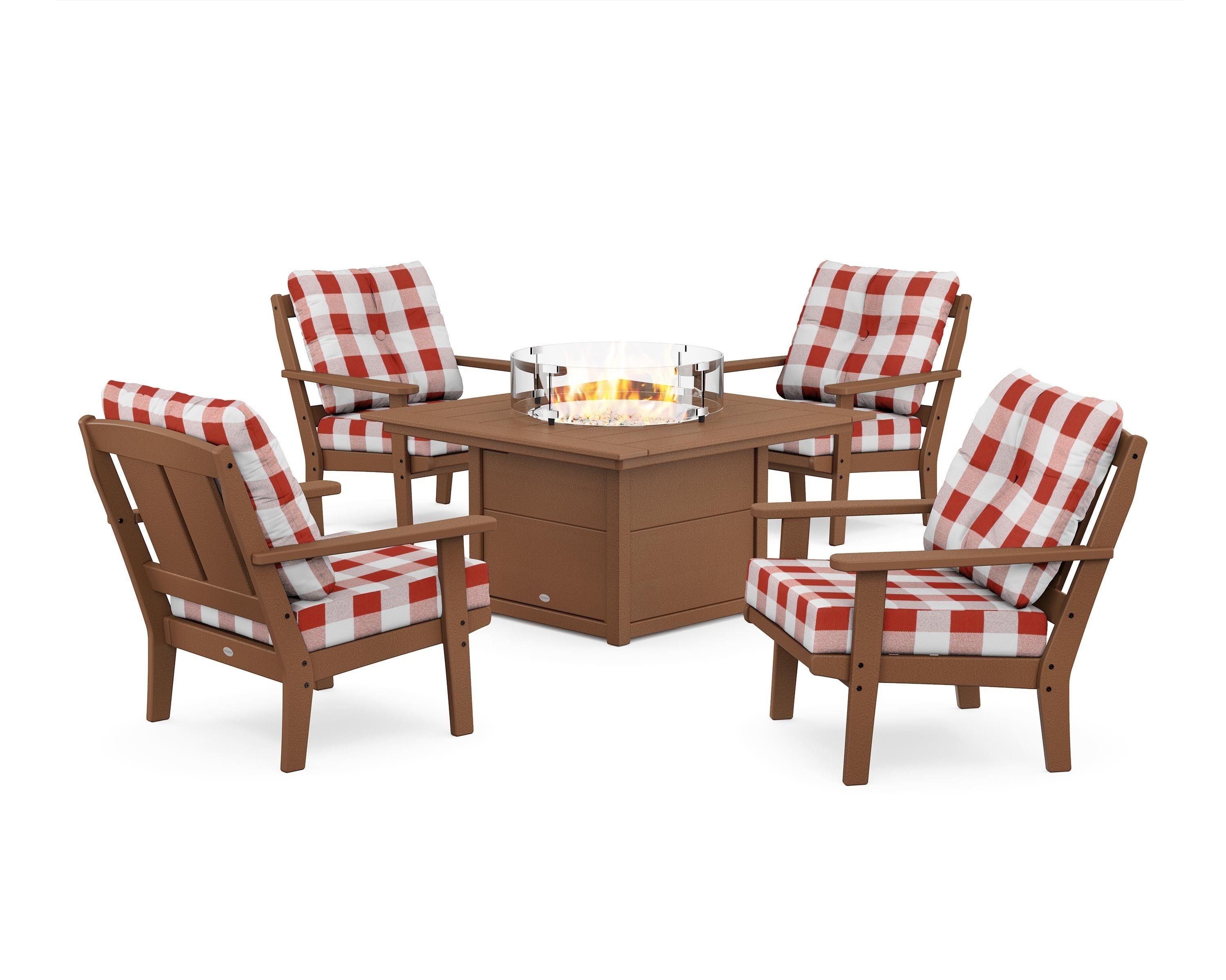 POLYWOOD® Mission 5-Piece Deep Seating Set with Fire Pit Table in Teak / Buffalo Plaid Crimson