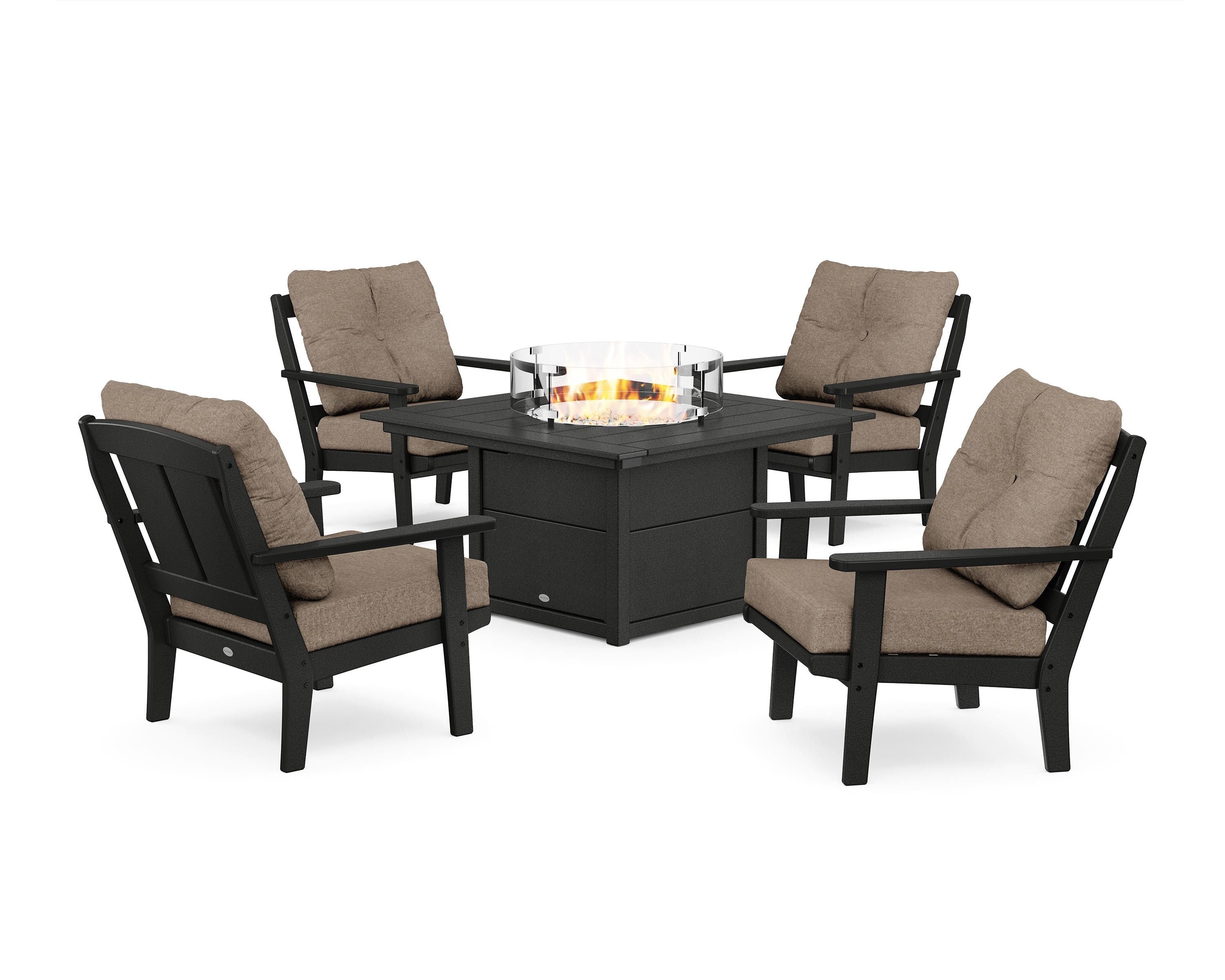 POLYWOOD® Mission 5-Piece Deep Seating Set with Fire Pit Table in Black / Spiced Burlap