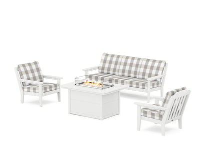 Country Living Cottage Deep Seating Fire Pit Table Set in White / Buffalo Plaid Grey Mist