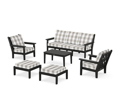 POLYWOOD® Chippendale 6-Piece Lounge Sofa Set in Black / Buffalo Plaid Grey Mist