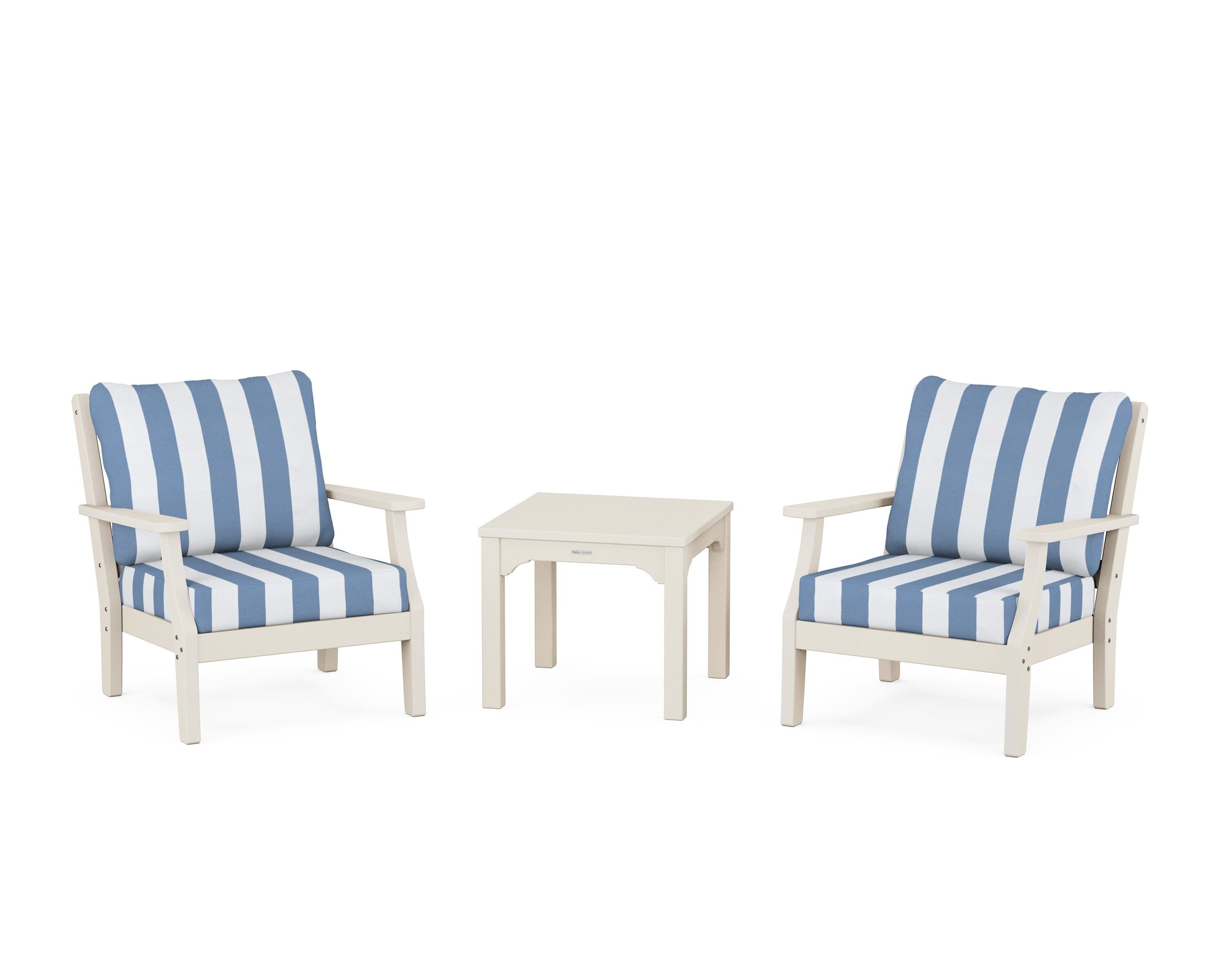 Martha Stewart by POLYWOOD® Chinoiserie 3-Piece Deep Seating Set in Sand / Cabana Stripe Sky Blue