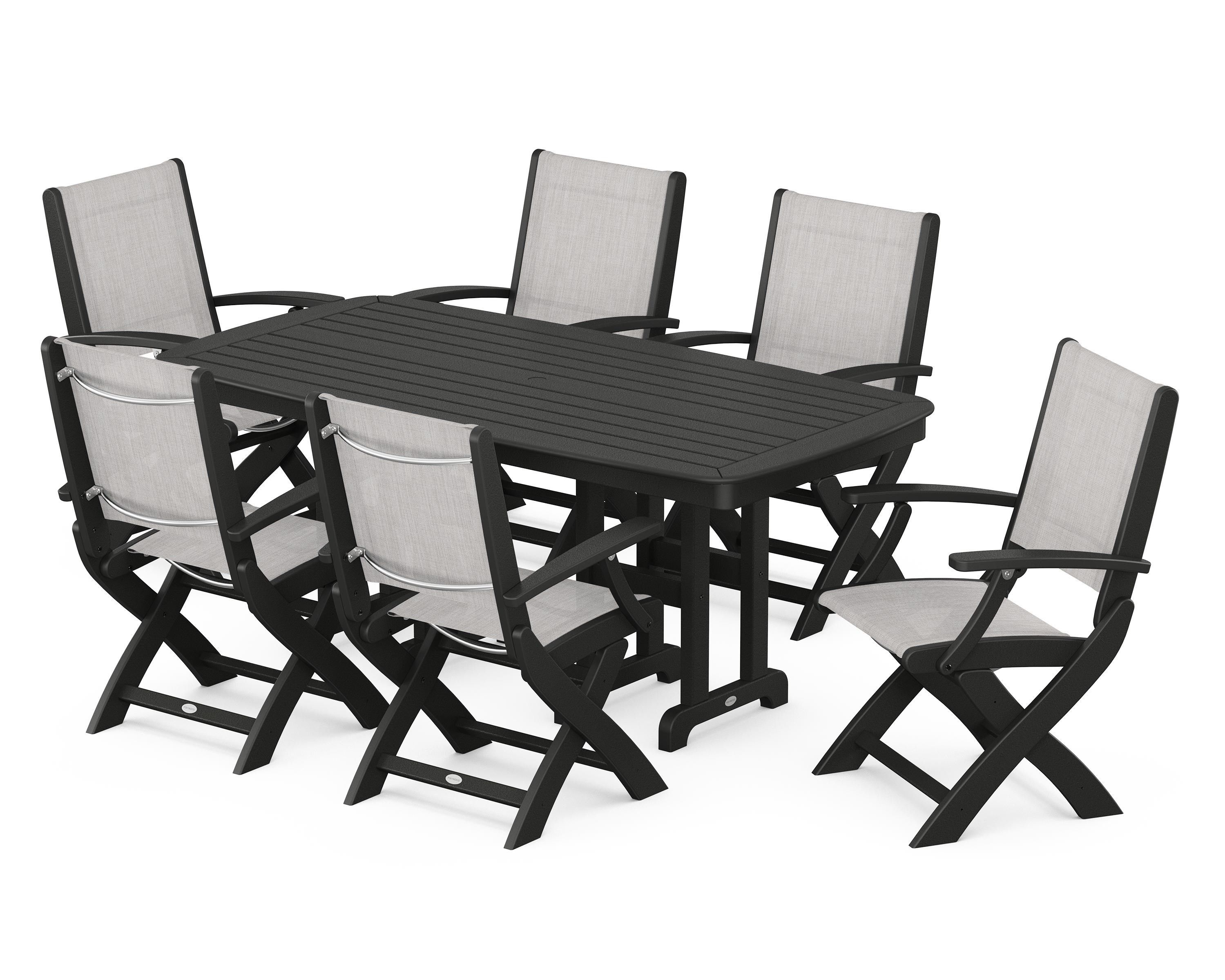 POLYWOOD® Coastal Folding Arm Chair 7-Piece Dining Set in Black / Parchment Sling
