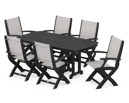 POLYWOOD® Coastal Folding Arm Chair 7-Piece Dining Set in Black / Parchment Sling