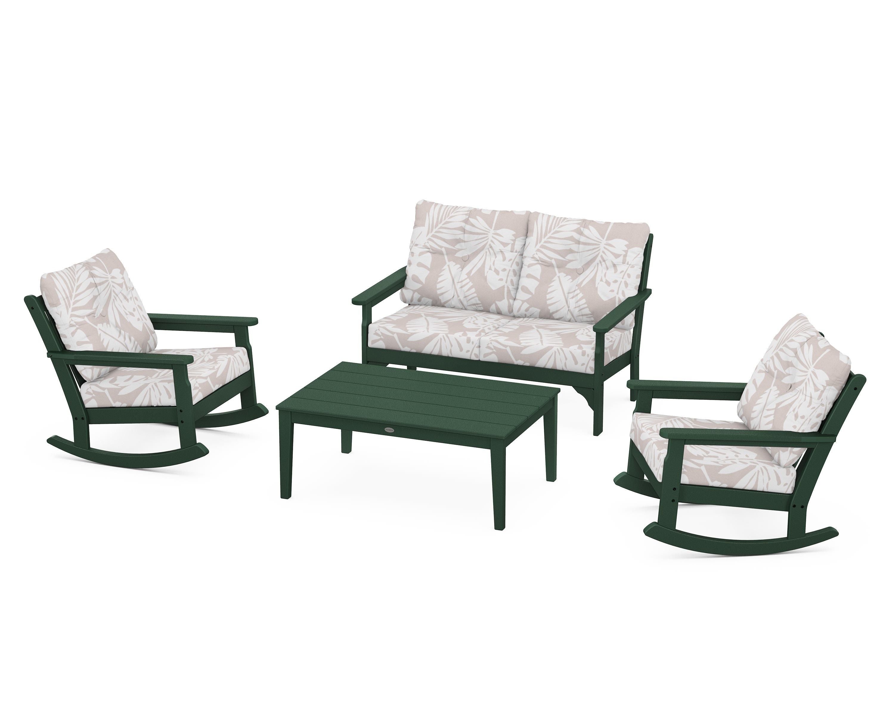 POLYWOOD® Vineyard 4-Piece Deep Seating Rocking Chair Set in Green / Leaf Dune Burlap