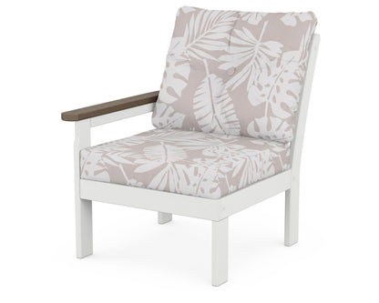 POLYWOOD® Vineyard Modular Left Arm Chair in White / Kona / Leaf Dune Burlap