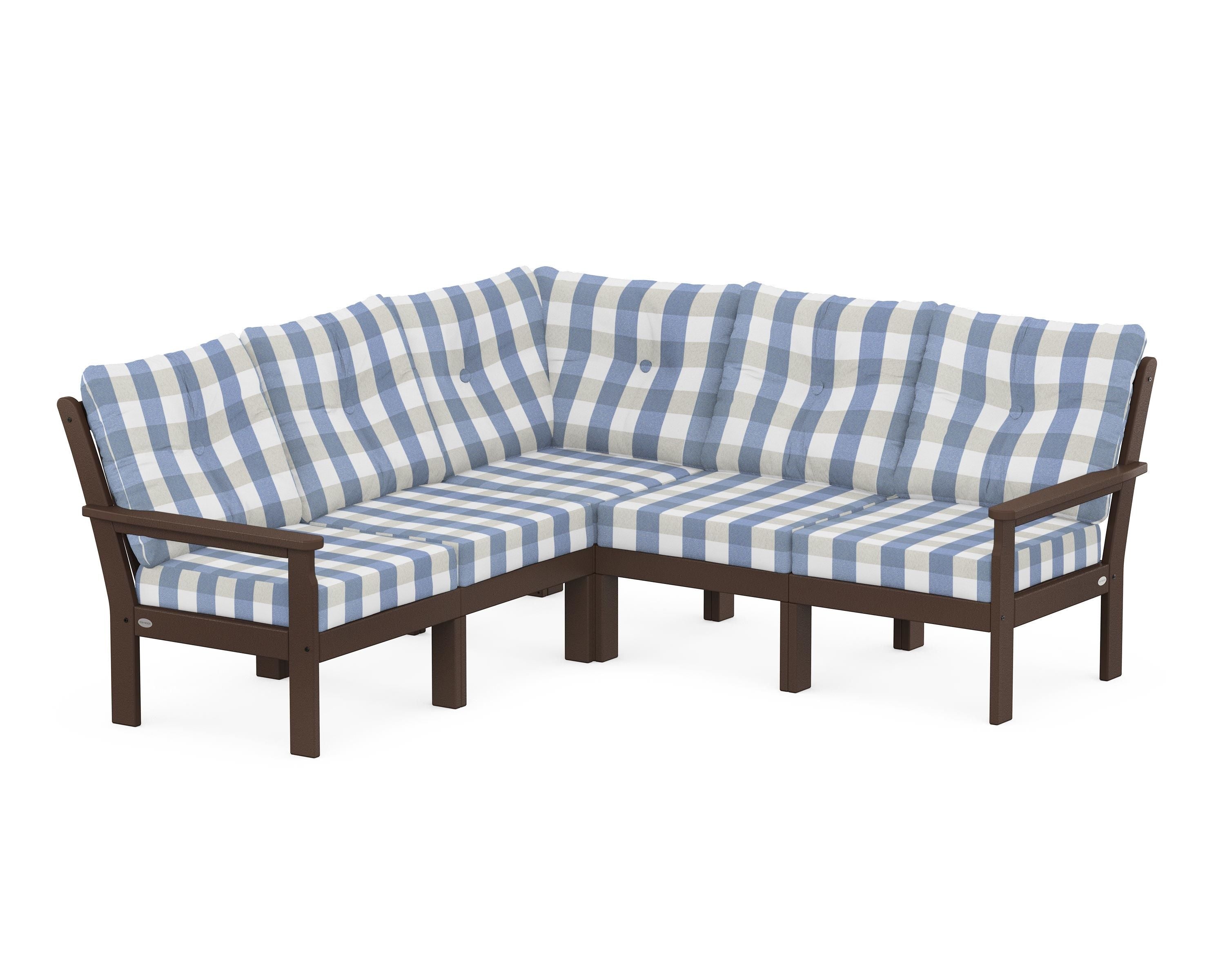 POLYWOOD® Vineyard 5-Piece Sectional in Mahogany / Buffalo Plaid Sky Blue