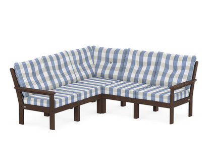 POLYWOOD® Vineyard 5-Piece Sectional in Mahogany / Buffalo Plaid Sky Blue