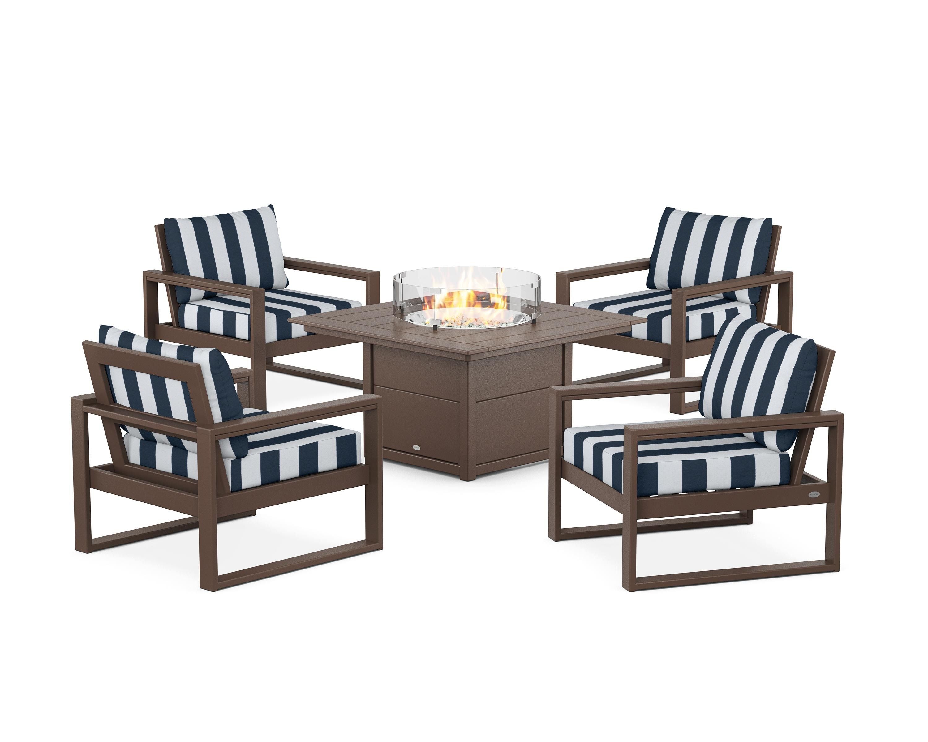 POLYWOOD® EDGE Sectional 5-Piece Deep Seating Set with Fire Pit Table in Mahogany / Cabana Stripe Marine Indigo