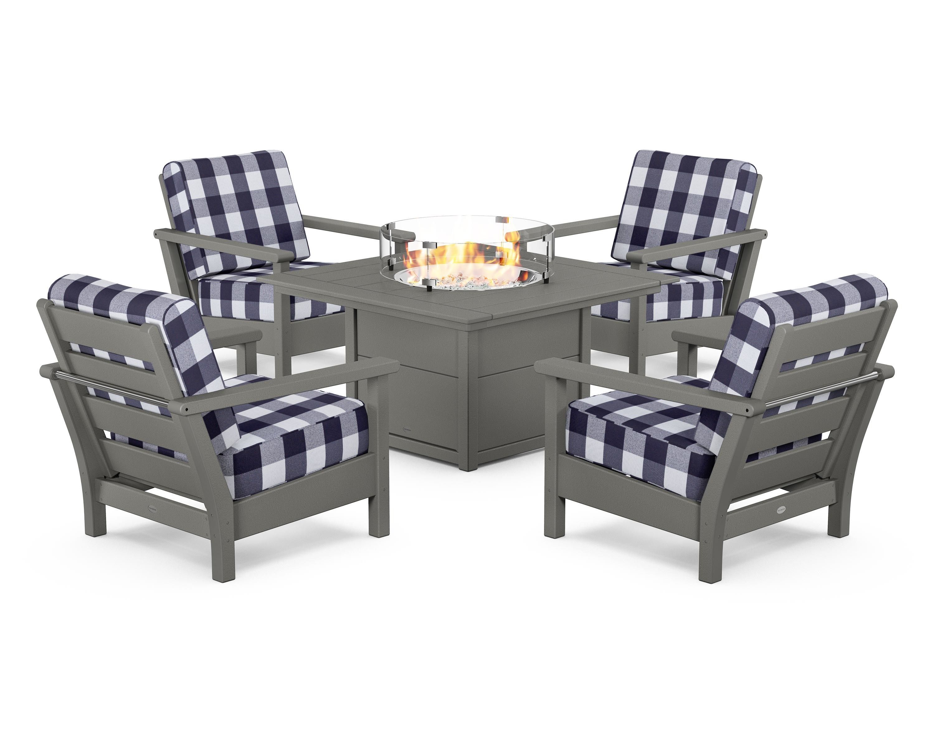 POLYWOOD® Harbour 5-Piece Conversation Set with Fire Pit Table in Slate Grey / Buffalo Plaid Navy