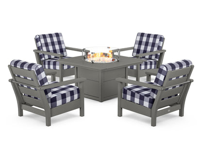 POLYWOOD® Harbour 5-Piece Conversation Set with Fire Pit Table in Slate Grey / Buffalo Plaid Navy