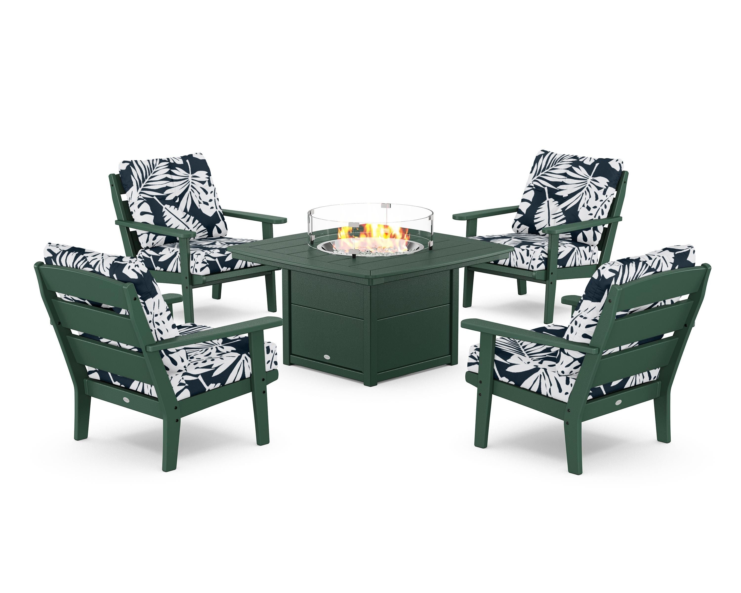 POLYWOOD® Lakeside 5-Piece Deep Seating Set with Nautical Fire Pit Table in Green / Leaf Marine Indigo