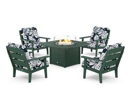 POLYWOOD® Lakeside 5-Piece Deep Seating Set with Nautical Fire Pit Table in Green / Leaf Marine Indigo