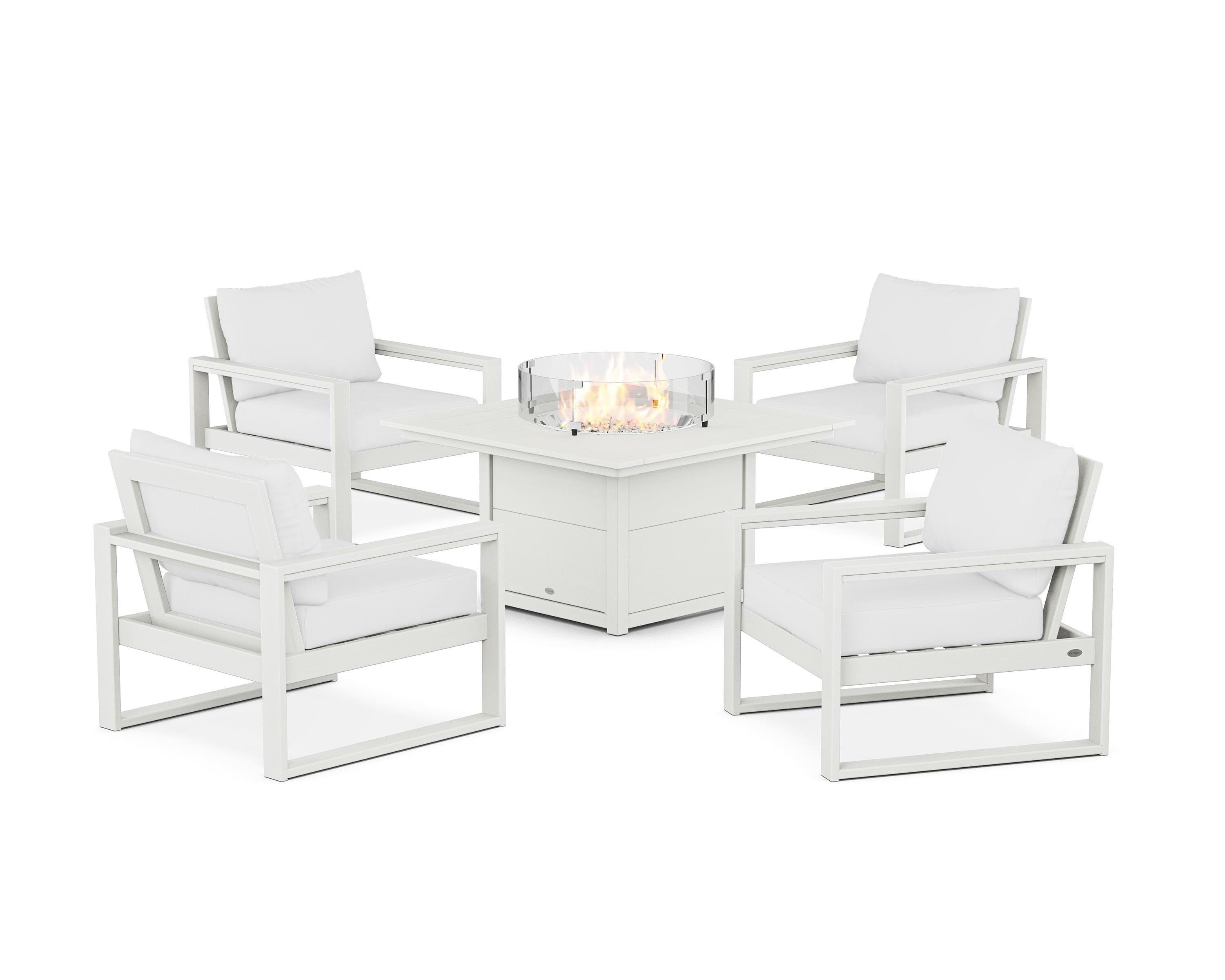 POLYWOOD® EDGE Sectional 5-Piece Deep Seating Set with Fire Pit Table in Vintage White / Natural