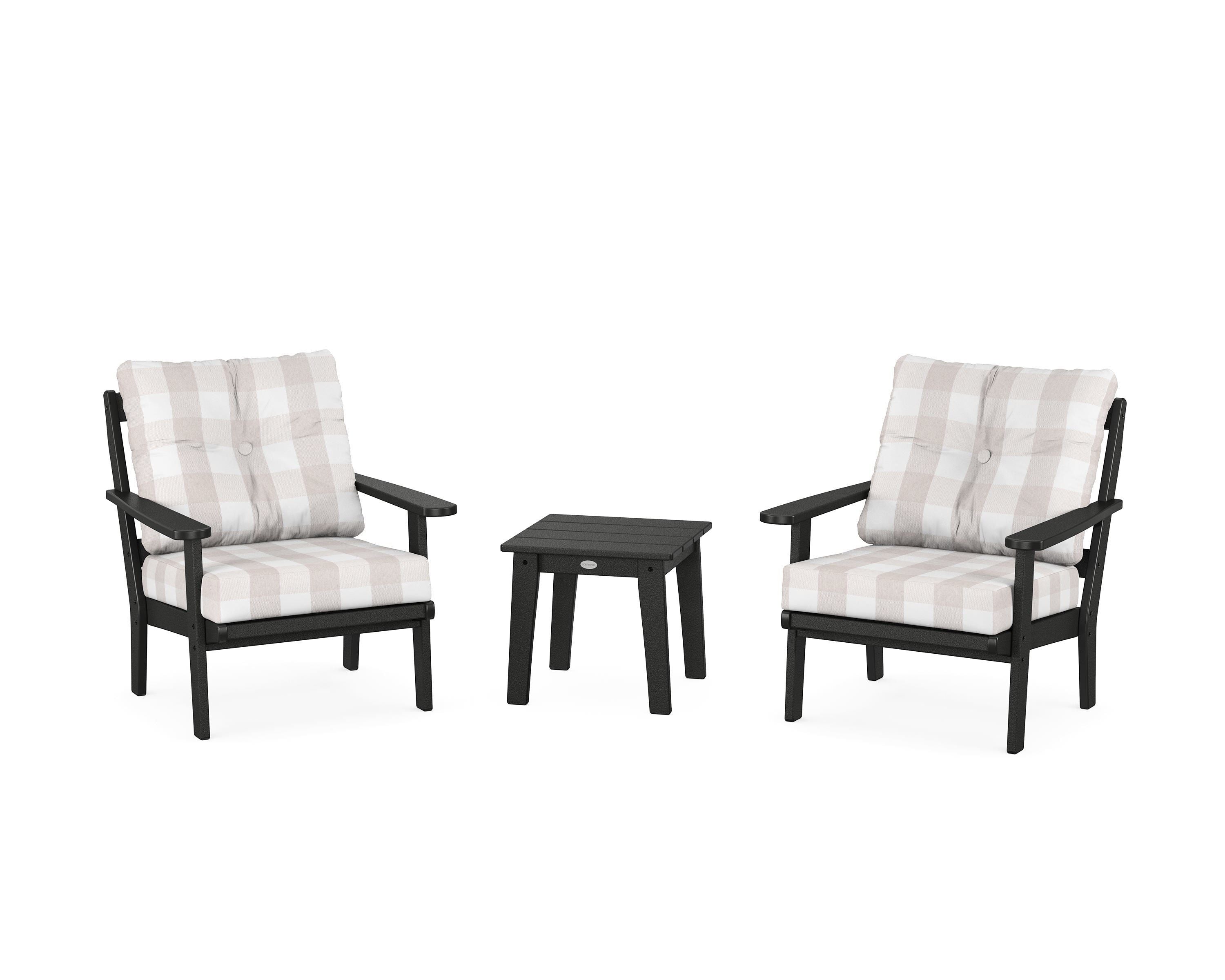 POLYWOOD® Mission 3-Piece Deep Seating Set in Black / Buffalo Plaid Dune Burlap