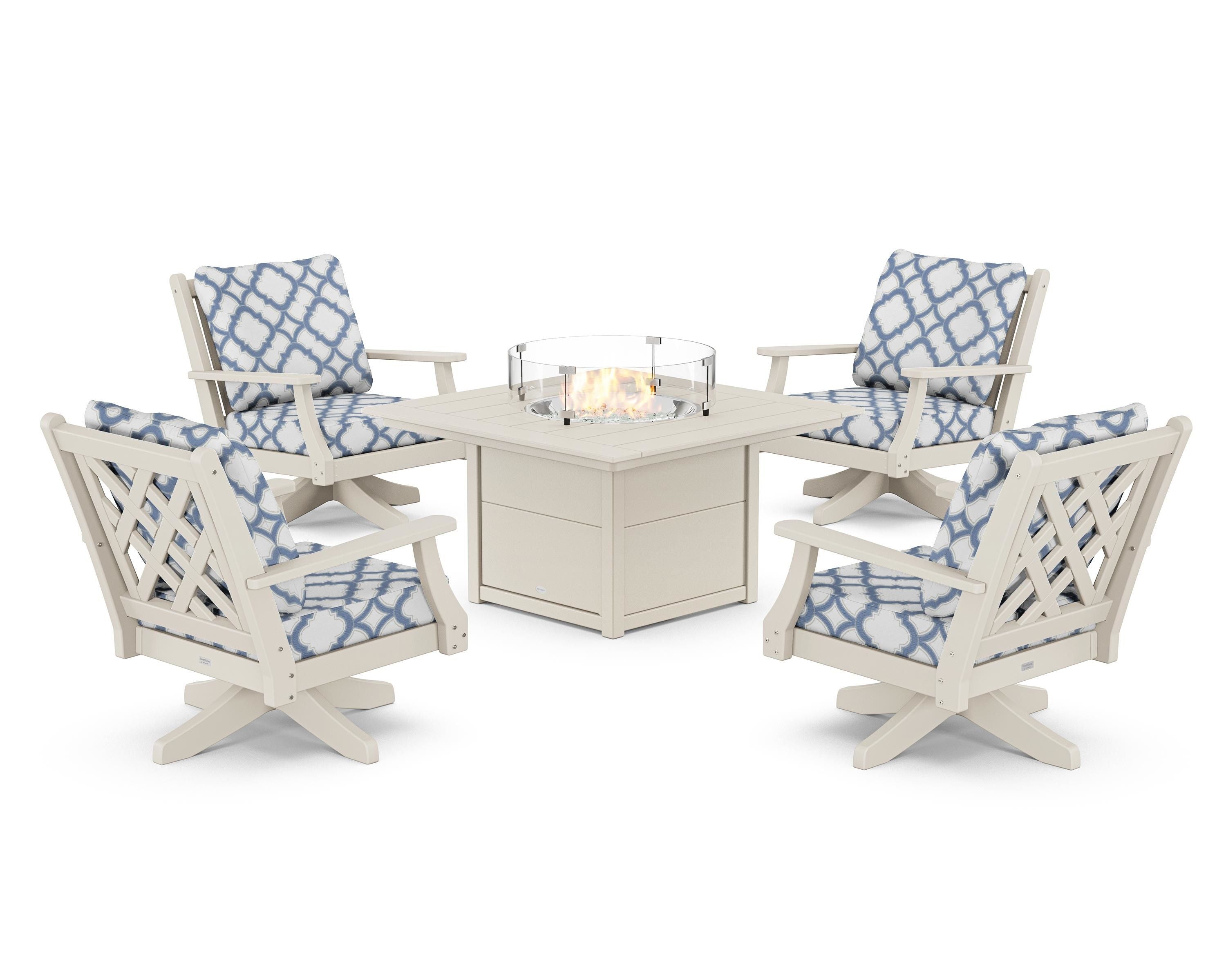 Country Living Wovendale 5-Piece Deep Seating Swivel Conversation Set with Fire Pit Table in Sand / Trellis Sky Blue