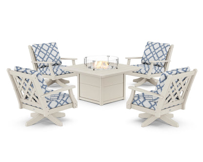 Country Living Wovendale 5-Piece Deep Seating Swivel Conversation Set with Fire Pit Table in Sand / Trellis Sky Blue