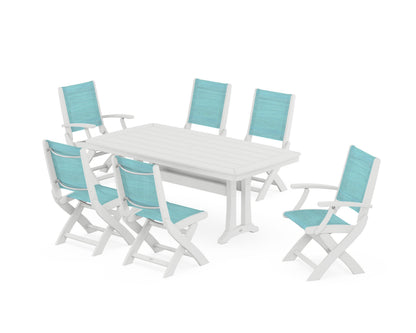 POLYWOOD® Coastal Folding Chair 7-Piece Dining Set with Trestle Legs in White / Dupioni Aquamarine Sling