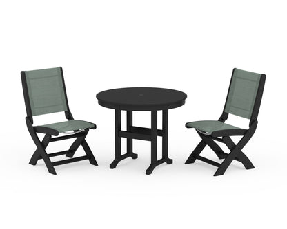 POLYWOOD® Coastal Folding Side Chair 3-Piece Round Dining Set in Black / Dupioni Sea Mist Sling