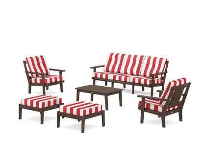 POLYWOOD® Prairie 6-Piece Lounge Sofa Set in Mahogany / Cabana Stripe Crimson