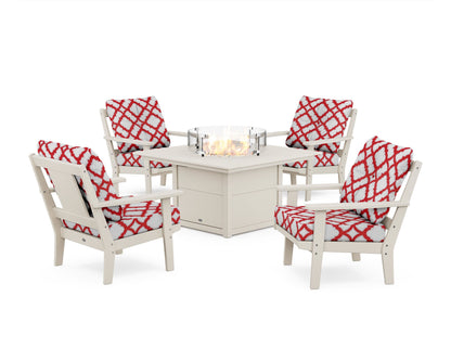POLYWOOD® Prairie 5-Piece Deep Seating Set with Fire Pit Table in Sand / Trellis Crimson