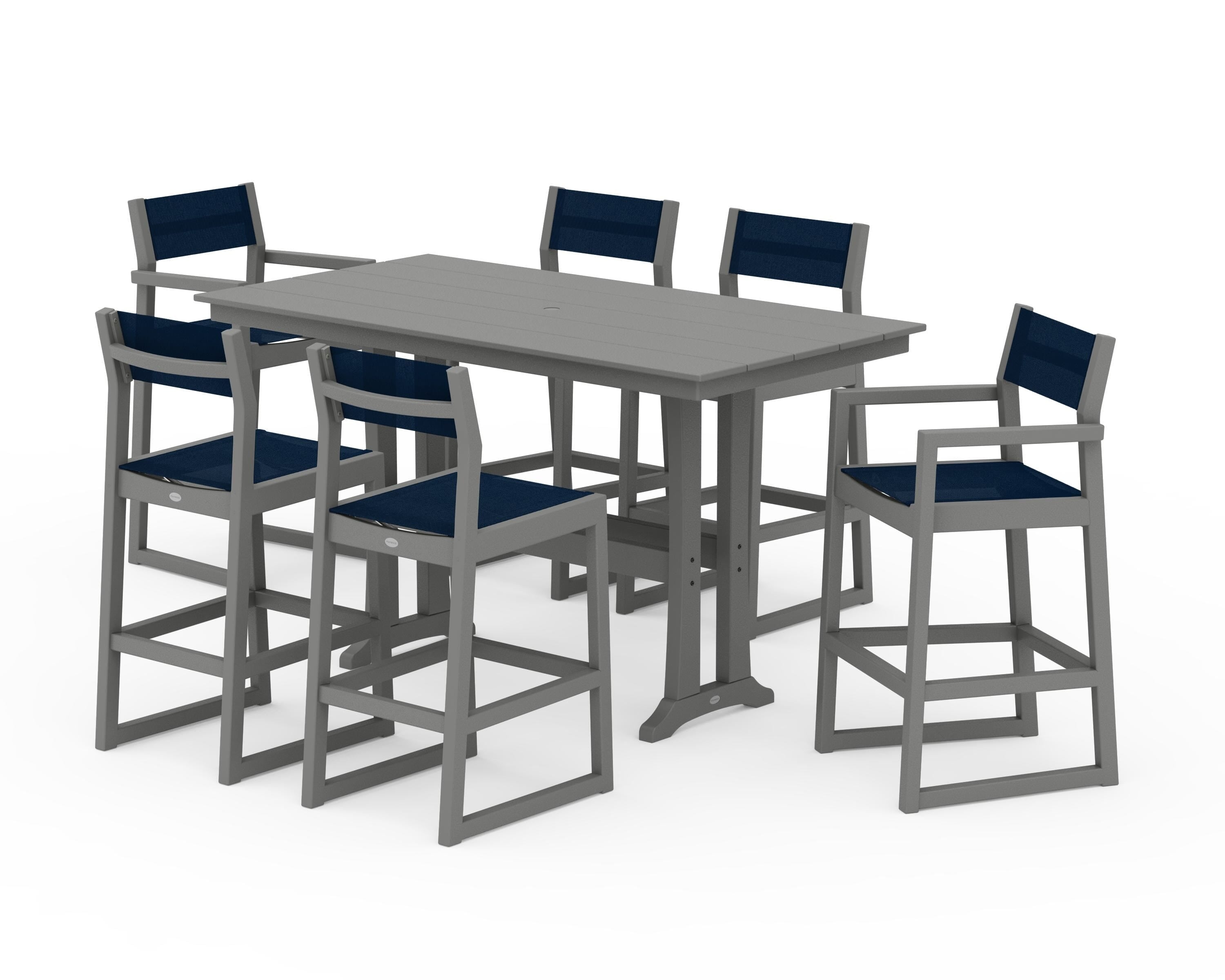 POLYWOOD® EDGE Sling 7-Piece Farmhouse Bar Set with Trestle Legs in Slate Grey / Navy Blue Sling