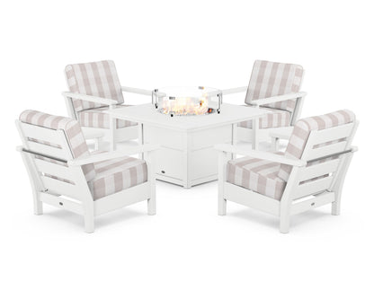POLYWOOD® Harbour 5-Piece Conversation Set with Fire Pit Table in White / Buffalo Plaid Dune Burlap