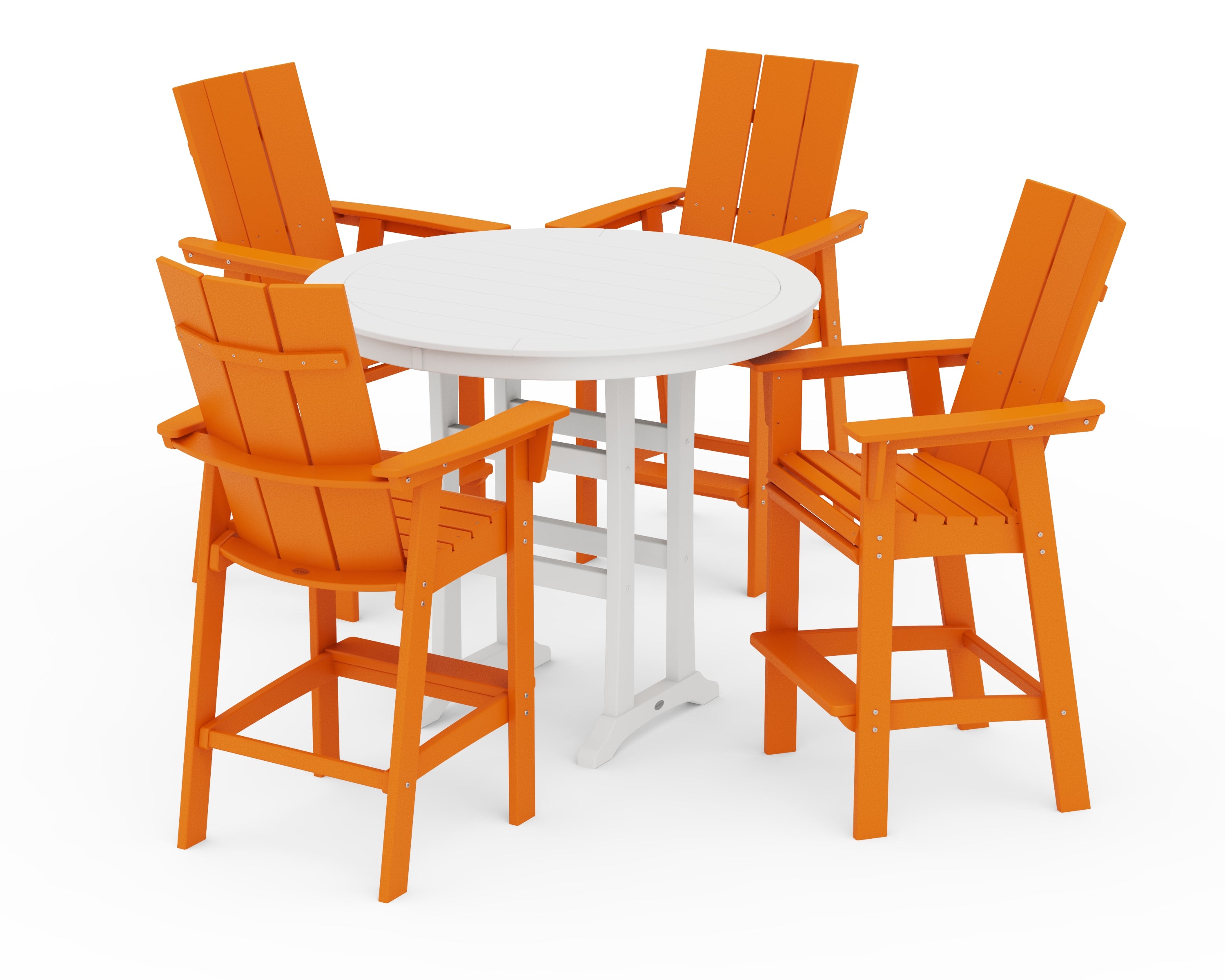 POLYWOOD® Modern Curveback Adirondack 5-Piece Nautical Trestle Bar Set in Tangerine / White