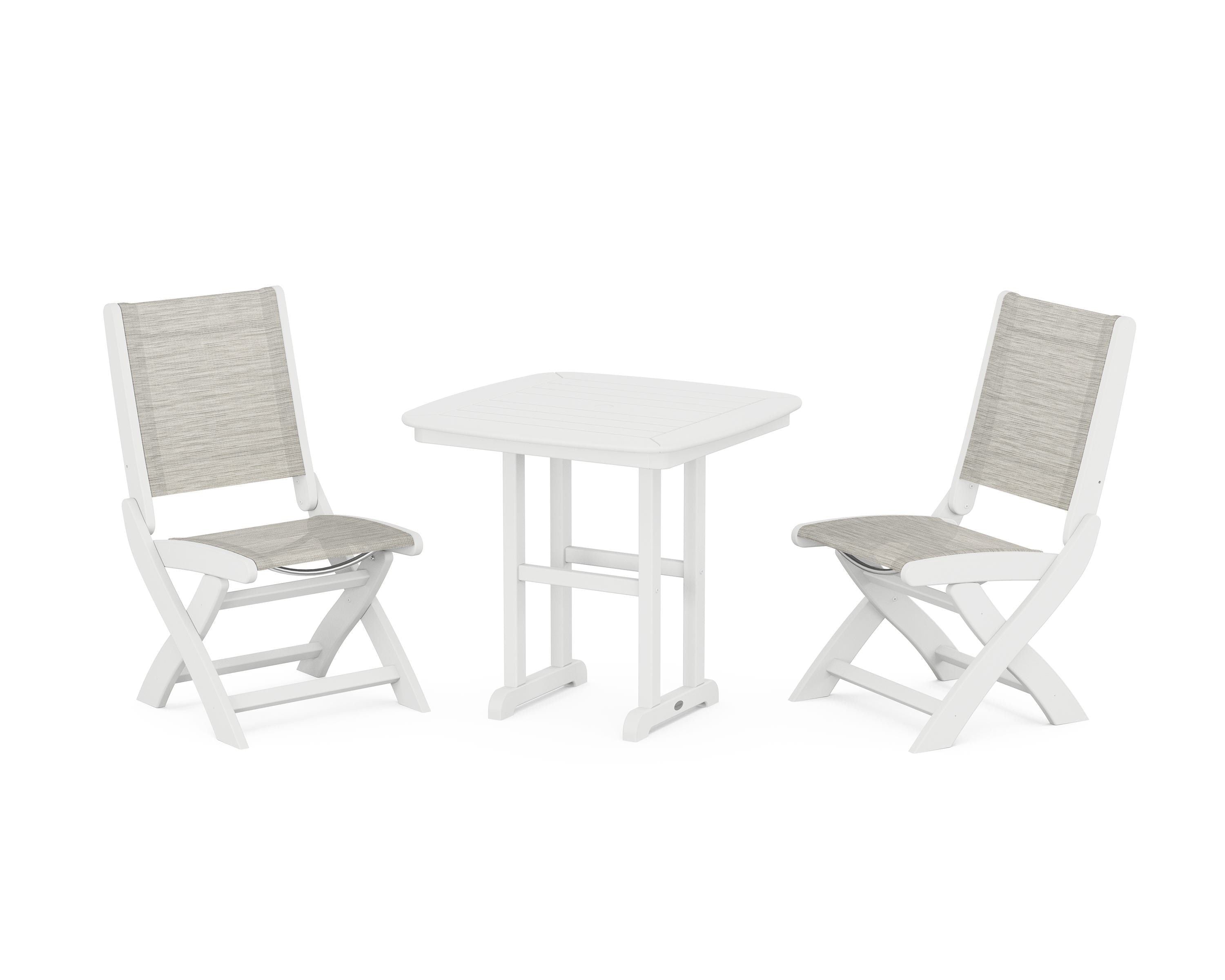 POLYWOOD® Coastal Folding Side Chair 3-Piece Dining Set in White / Birch Sling