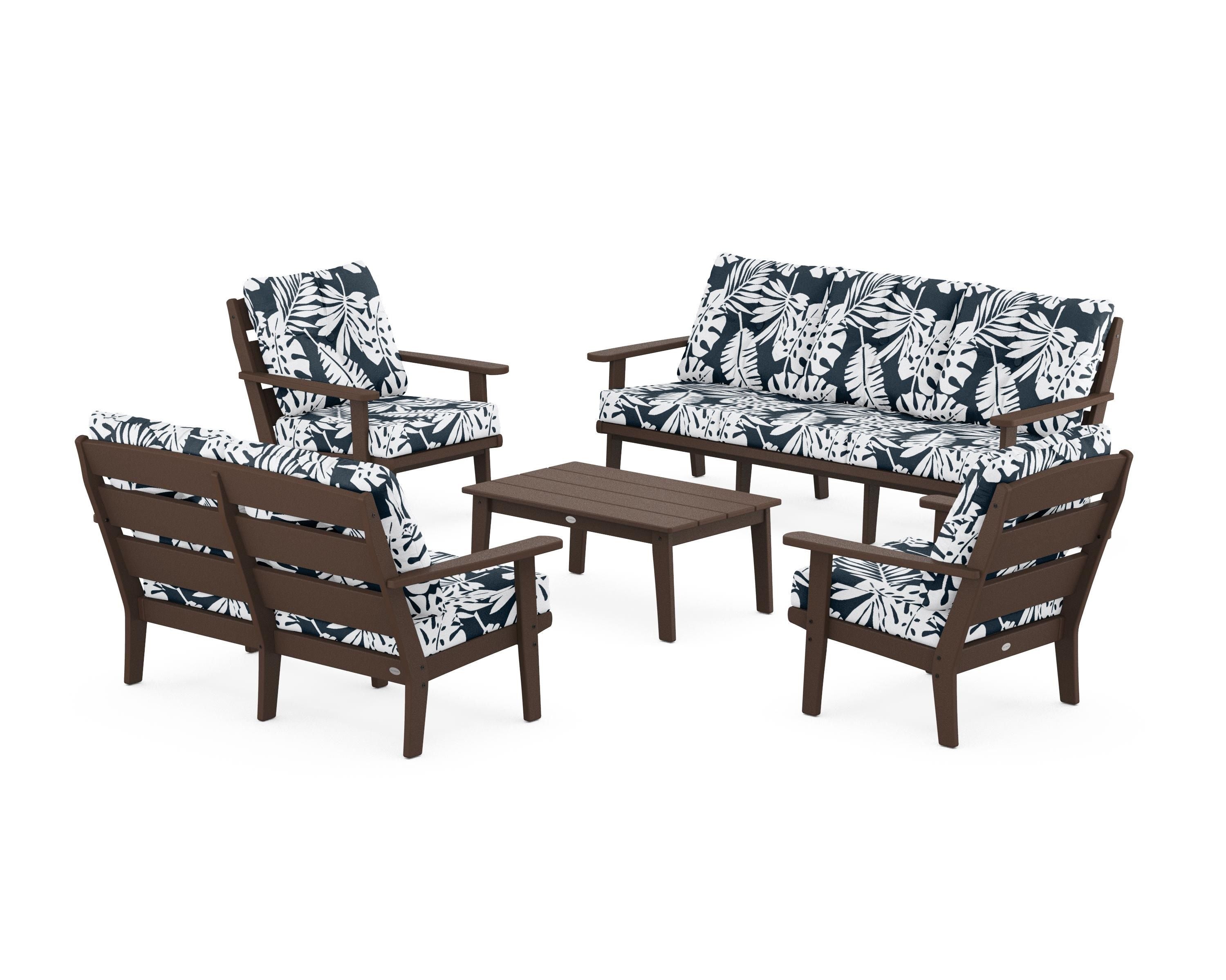 POLYWOOD® Lakeside 5-Piece Lounge Sofa Set in Mahogany / Leaf Marine Indigo