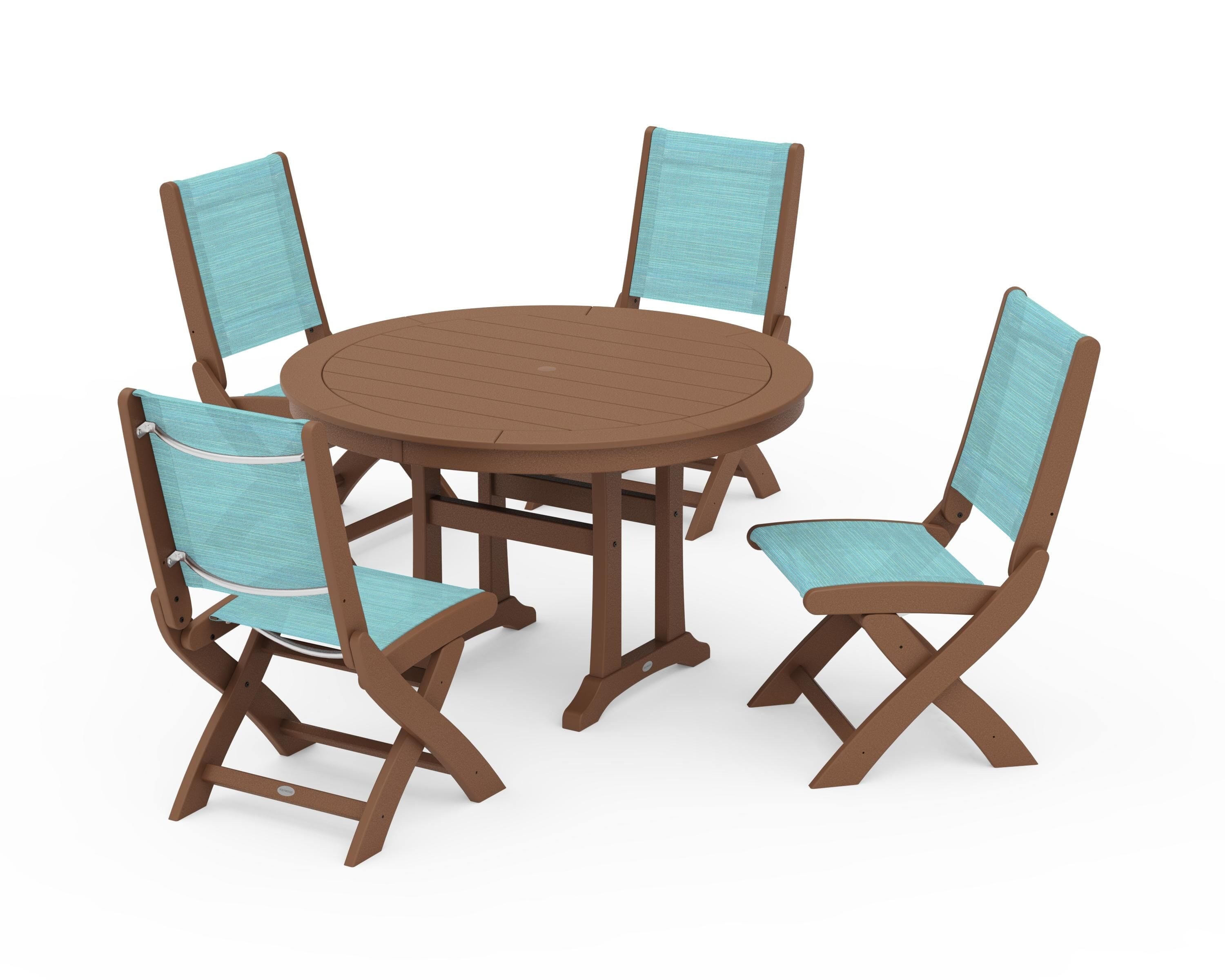 POLYWOOD® Coastal Folding Side Chair 5-Piece Round Dining Set With Trestle Legs in Teak / Dupioni Aquamarine Sling