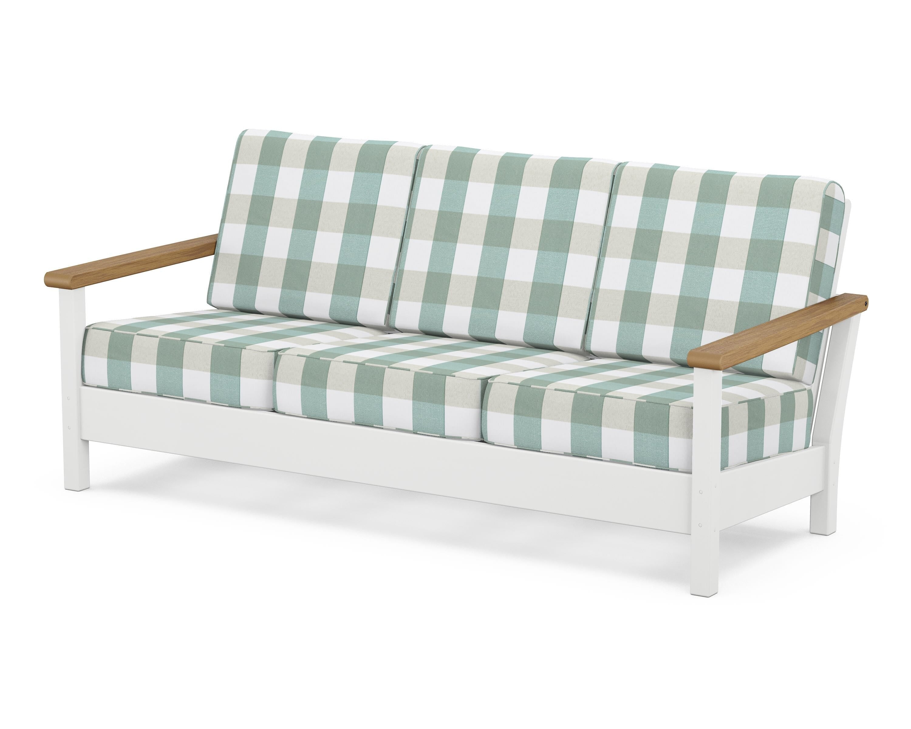 POLYWOOD® Harbour Deep Seating Sofa in White / Natural / Buffalo Plaid Glacier Spa