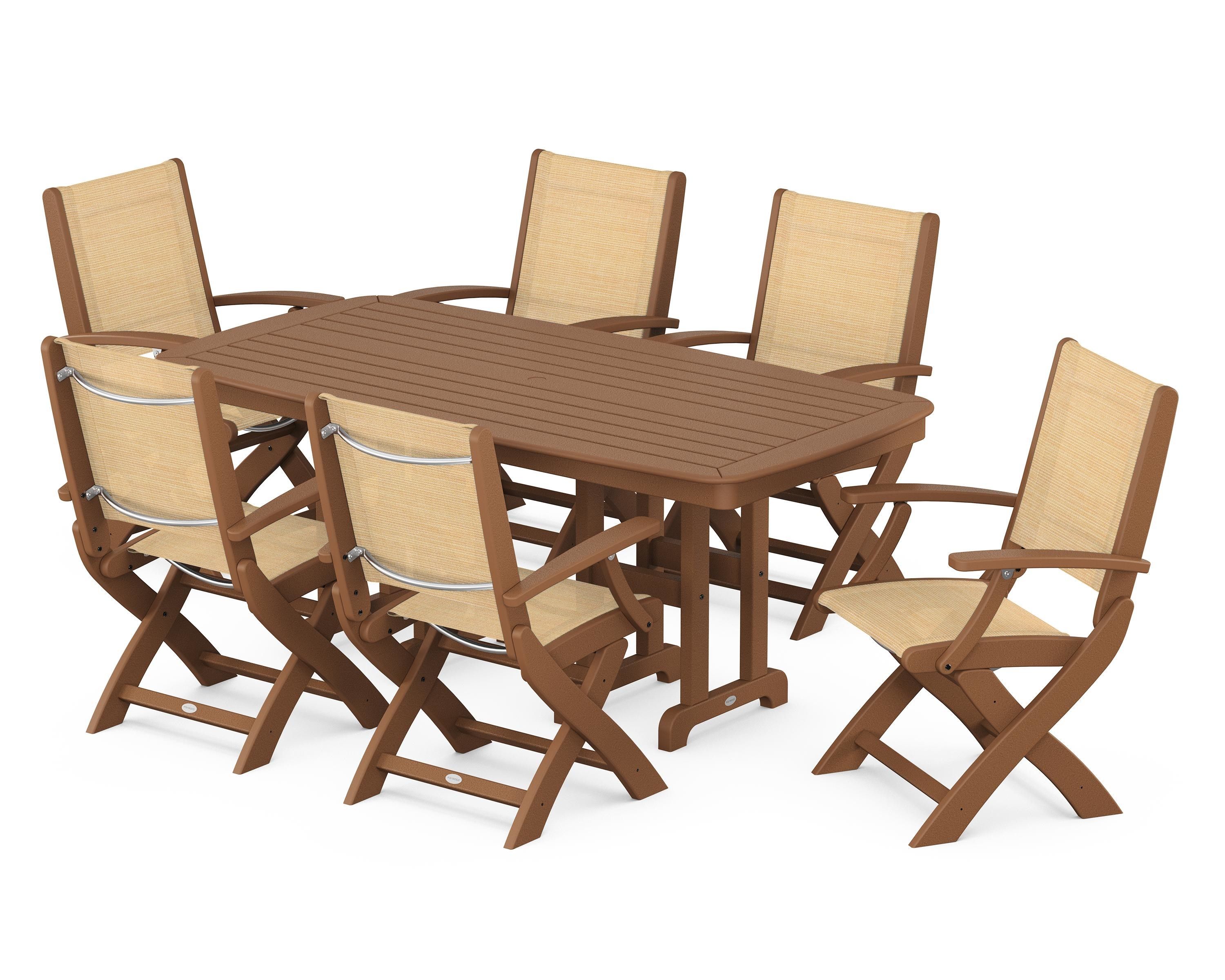 POLYWOOD® Coastal Folding Arm Chair 7-Piece Dining Set in Teak / Dupioni Apricot Sling