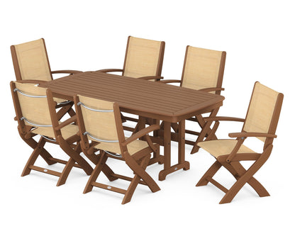 POLYWOOD® Coastal Folding Arm Chair 7-Piece Dining Set in Teak / Dupioni Apricot Sling