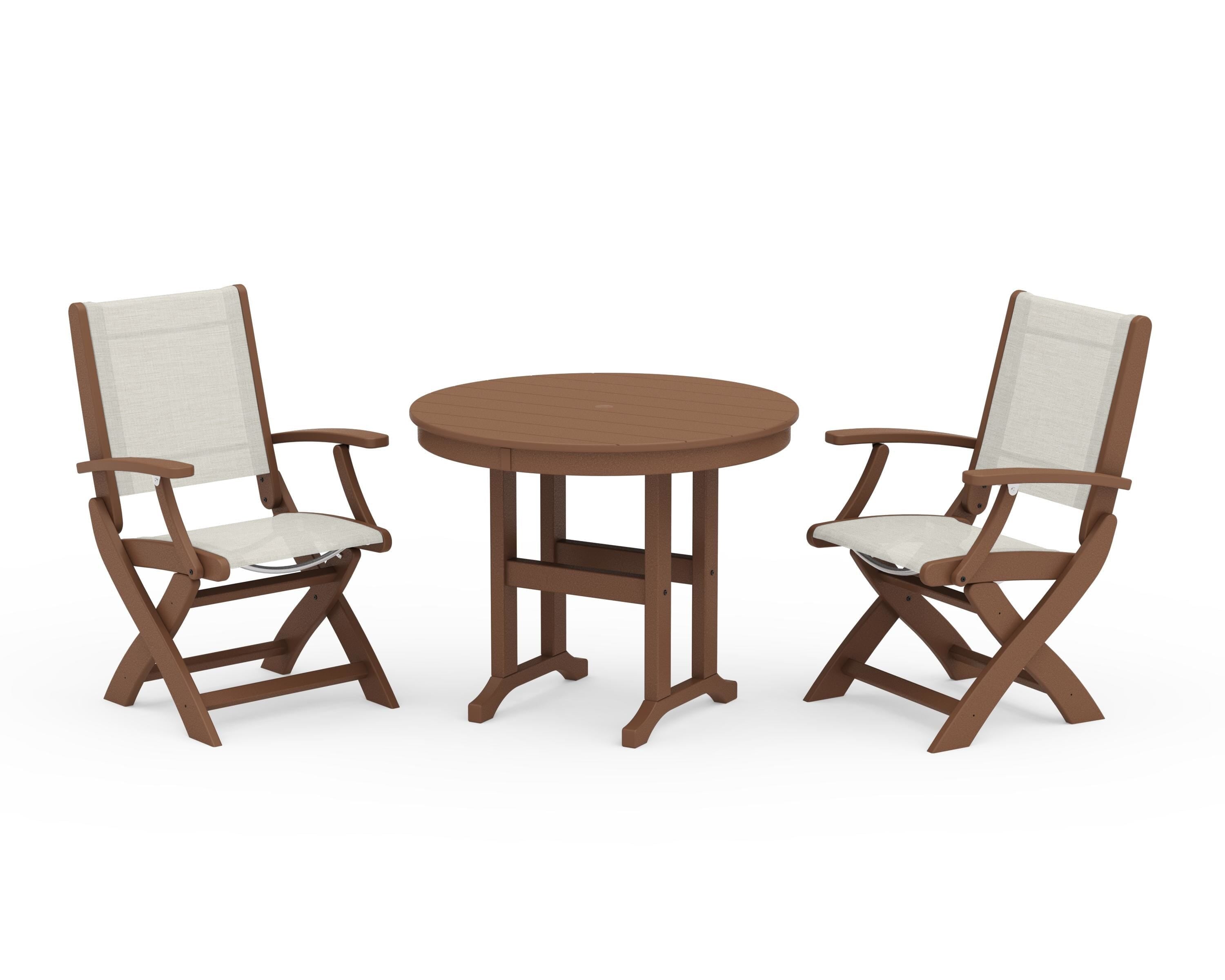 POLYWOOD® Coastal Folding Chair 3-Piece Round Dining Set in Teak / Parchment Sling
