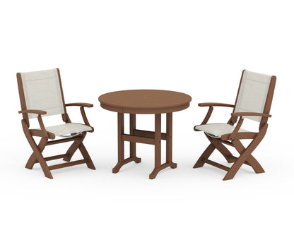POLYWOOD® Coastal Folding Chair 3-Piece Round Dining Set in Teak / Parchment Sling