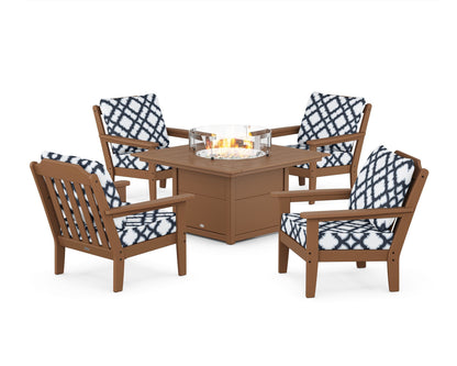 Country Living Cottage 5-Piece Deep Seating Set with Fire Pit Table in Teak / Trellis Marine Indigo