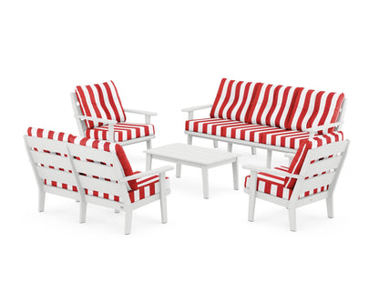 POLYWOOD® Lakeside 5-Piece Lounge Sofa Set in White / Cabana Stripe Crimson