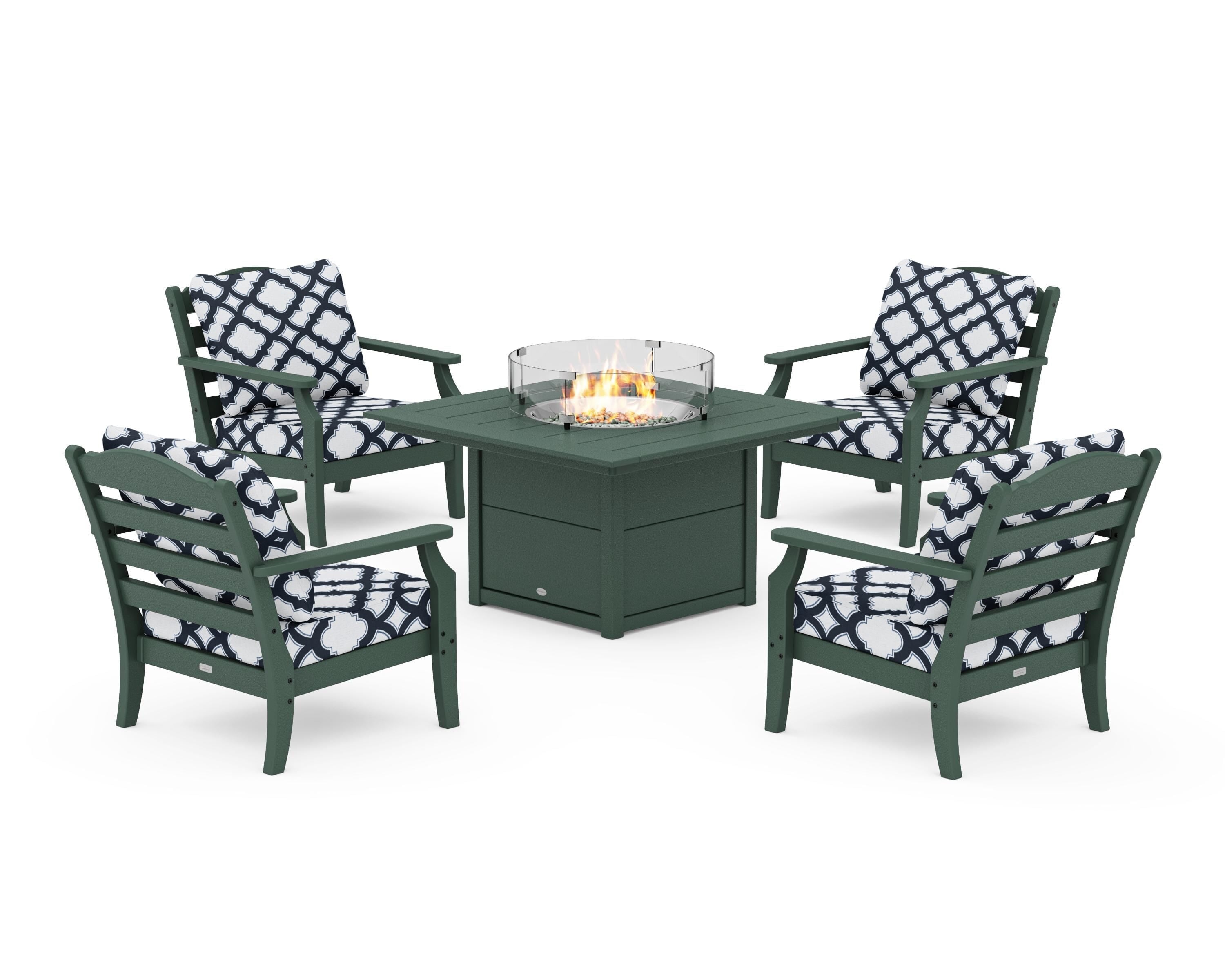 Draper James™ by  POLYWOOD® Savannah 5-Piece Deep Seating Set with Fire Pit Table in Green / Trellis Marine Indigo