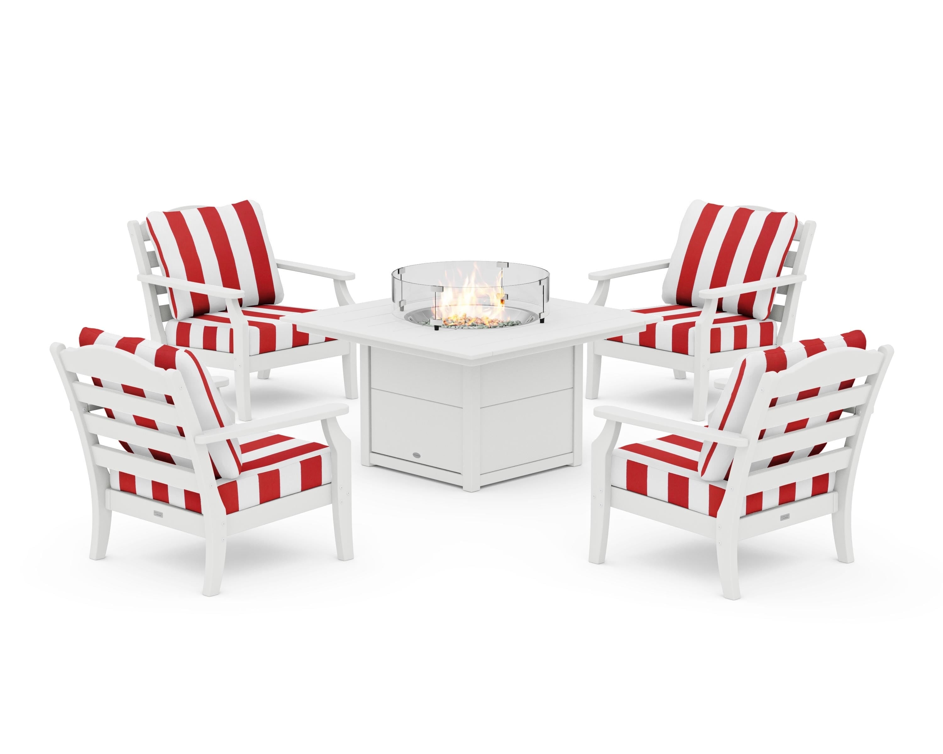 Draper James™ by  POLYWOOD® Savannah 5-Piece Deep Seating Set with Fire Pit Table in White / Cabana Stripe Crimson