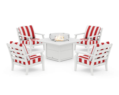 Draper James™ by  POLYWOOD® Savannah 5-Piece Deep Seating Set with Fire Pit Table in White / Cabana Stripe Crimson