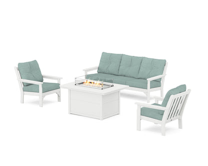 POLYWOOD® Vineyard Deep Seating Fire Pit Table Set in White / Glacier Spa