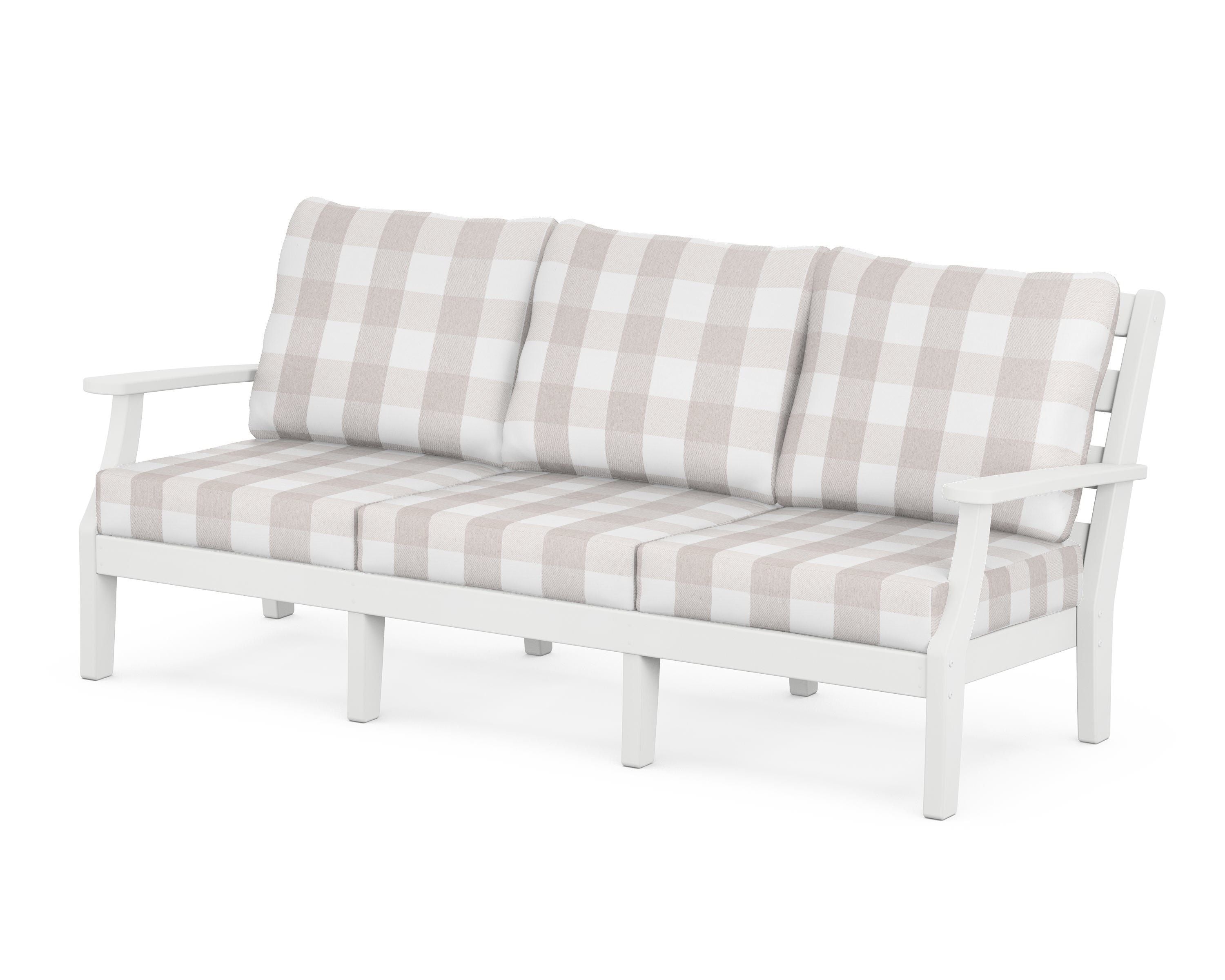 POLYWOOD® Chesapeake Deep Seating Sofa in White / Buffalo Plaid Dune Burlap