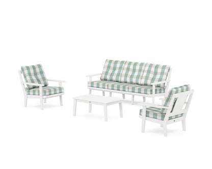 POLYWOOD® Prairie 4-Piece Deep Seating Set with Sofa in White / Buffalo Plaid Glacier Spa