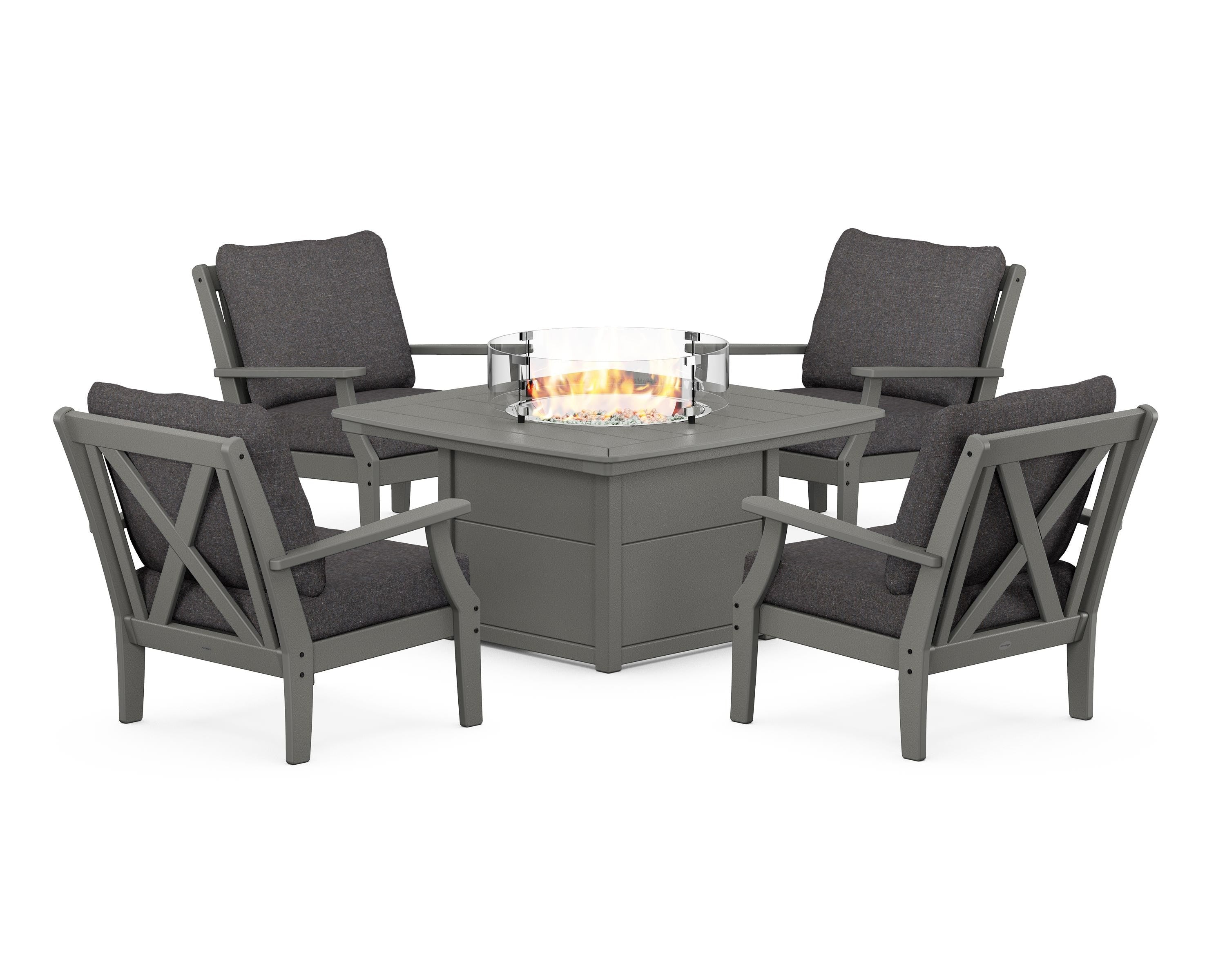 POLYWOOD® Braxton 5-Piece Deep Seating Conversation Set with Fire Pit Table in Slate Grey / Ash Charcoal