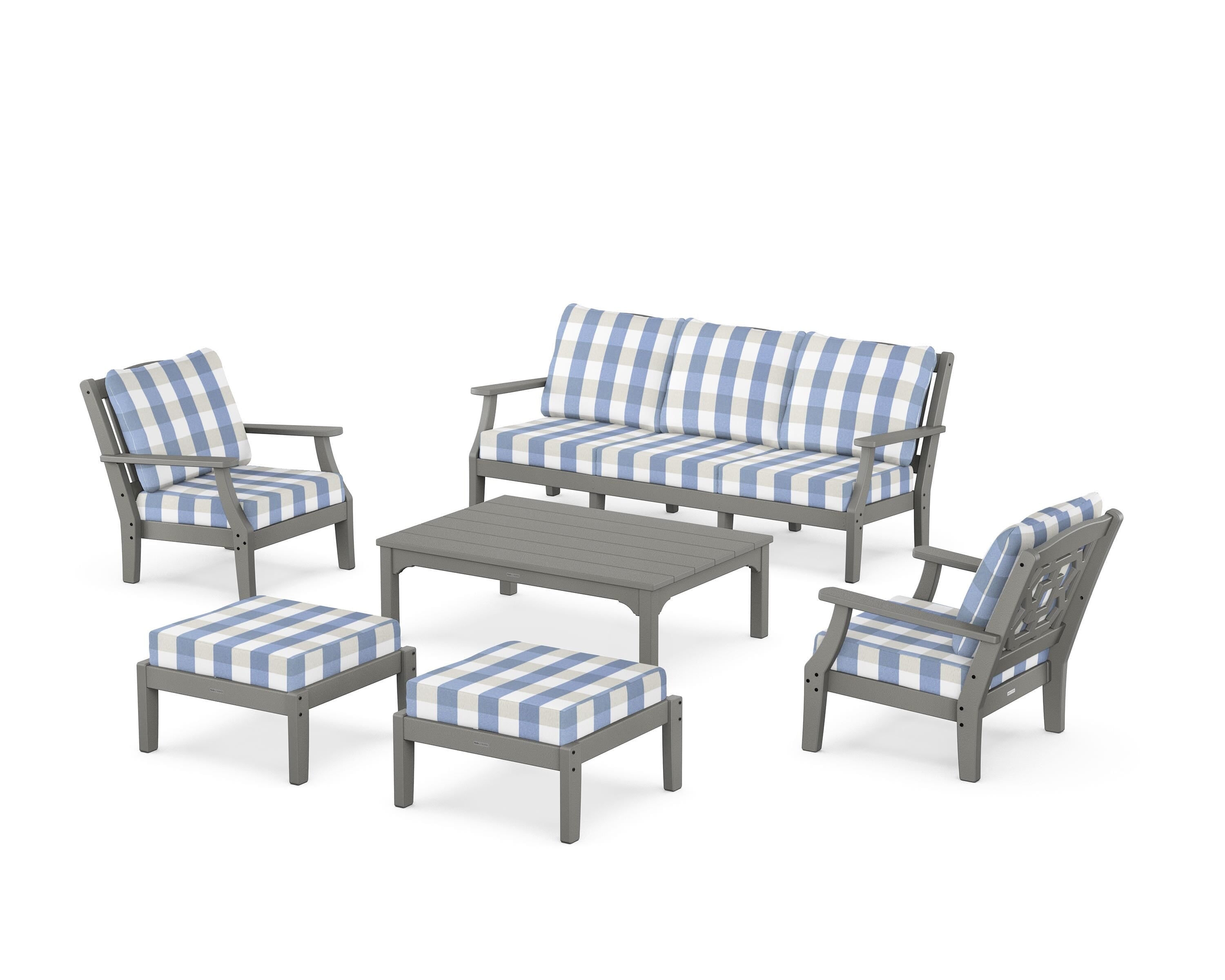 Martha Stewart by POLYWOOD® Chinoiserie 6-Piece Lounge Sofa Set in Slate Grey / Buffalo Plaid Sky Blue