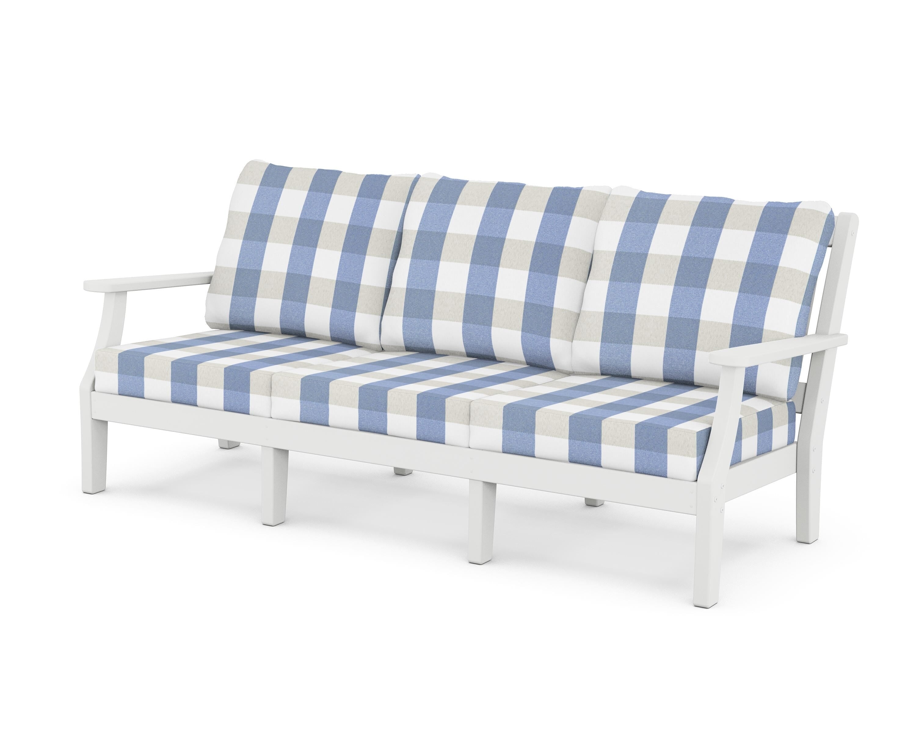 Martha Stewart by POLYWOOD® Chinoiserie Deep Seating Sofa in White / Buffalo Plaid Sky Blue