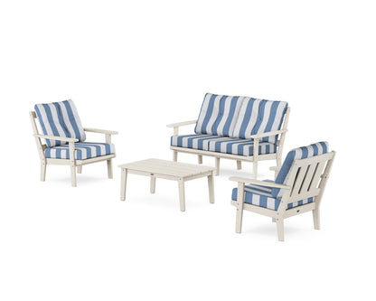 POLYWOOD® Oxford 4-Piece Deep Seating Set with Loveseat in Sand / Cabana Stripe Sky Blue