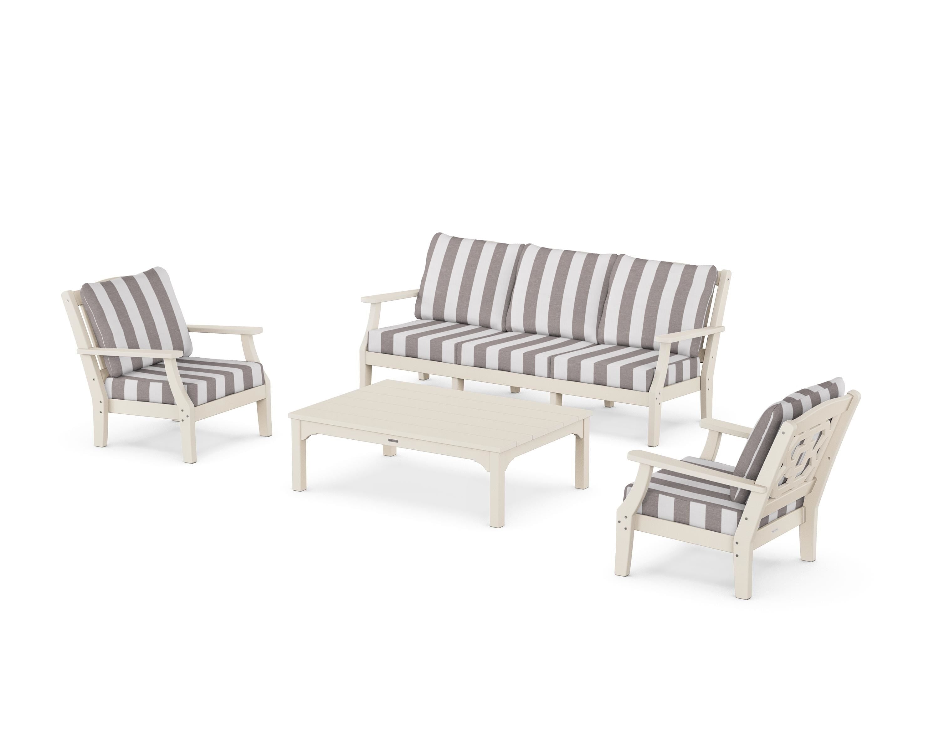 Martha Stewart by POLYWOOD® Chinoiserie 4-Piece Deep Seating Set with Sofa in Sand / Cabana Stripe Grey Mist