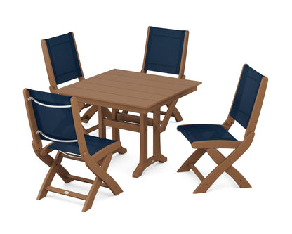 POLYWOOD® Coastal Folding Side Chair 5-Piece Farmhouse Dining Set With Trestle Legs in Teak / Navy Blue Sling